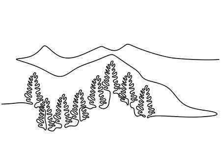 Mountain landscape, Forest theme. drawn in one line. Continuous line. Travels in nature. Minimalistic graphics vector illustration.のイラスト素材