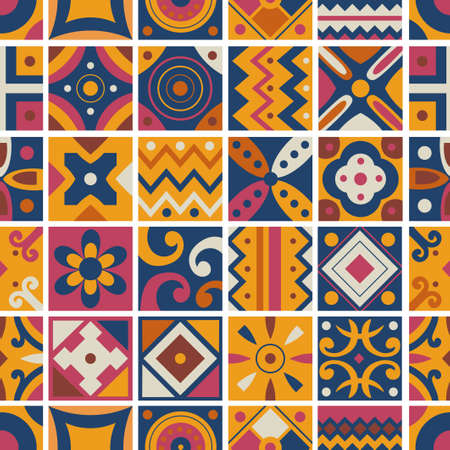 Seamless pattern of tribal tiles. Square tribal ornaments pattern. Abstract rectangle ornaments. Decorative colorful patterns Tribal ethnic motifs.のイラスト素材