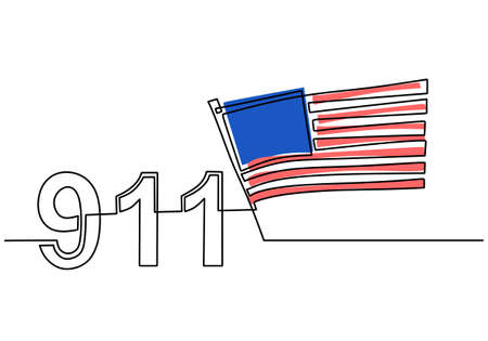 Continuous one line drawing of patriot day background with american flag and 911 letter isolated...