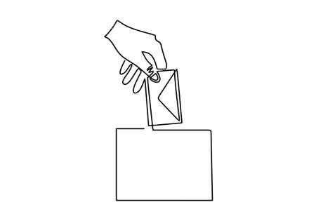 Continuous single line of left hand inserting vote paper into box. Democracy day one line concept isolated on white background.のイラスト素材