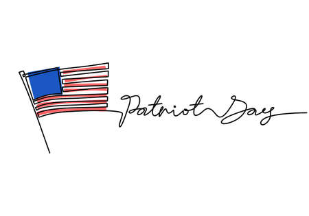 Continuous one line drawing of patriot day with american flag and patriot day word hand written letter isolated background.のイラスト素材