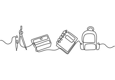 Continuous one line drawing of back to school handwritten words with note book, bag and calipers isolated on white background.のイラスト素材