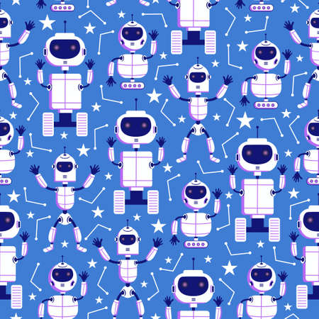 White modern cute Robotic seamless pattern isolated on blue background. Baby children fashion...