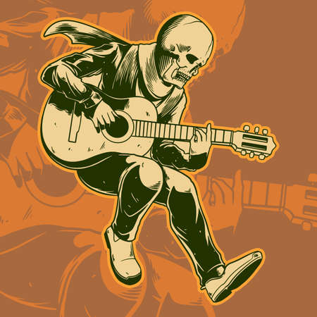 Skull and guitar and heavy metal illustration graphic. Scary skeleton guitarist rock star playing electric guitar. Hard rock design for t-shirt or tattoo. Vector illustrationのイラスト素材