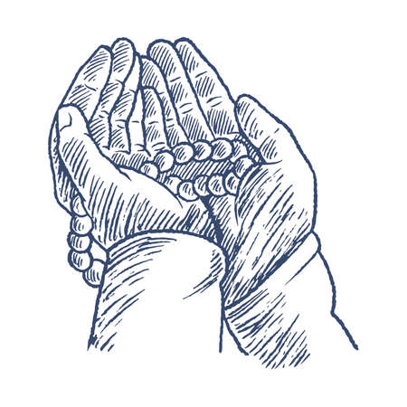 Praying hands with rosary, hand drawn vintage engraving sketch vector illustration. A human prays, holding a rosary in his hands isolated on white backgroundのイラスト素材