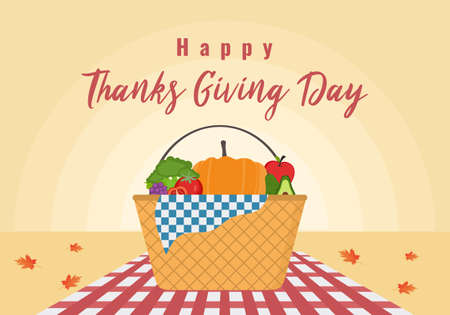 Thanksgiving message with collection of autumn pumpkins and other fruits with autumn leaves. Happy Thanksgiving Day event autumn fall season poster, banner, badge, label, sticker, greeting cardのイラスト素材