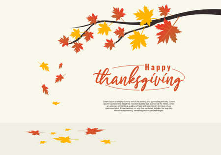 Happy Thanksgiving Day event typography text poster with autumn leaves. Autumn fall season. Template banner, poster, flyer, greeting card, web design, print design. Vector illustrationのイラスト素材
