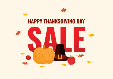 Thanksgiving Day promo sale flyers on the white backgrounds. Seasonal lettering. Pumpkin pie, autumn leaves vector illustration for poster, banner, special offer.のイラスト素材