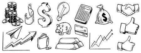 Hand drawn saving money set. Finance, payments, banks, cash. Doodle icon concept of a component that is geared towards success of business, financial or in your life. Vector illustrationsのイラスト素材