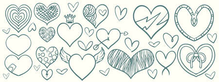 Vector graphic set of hand drawn hearts on a white background. For poster, wallpaper and Valentine's day. Collection of hearts, vector illustrationのイラスト素材