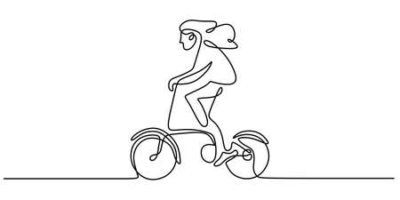 Continuous one single line of girl riding folding bike isolated on white background minimalism design.のイラスト素材