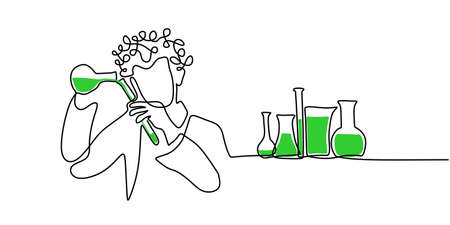 Continuous one single line of nerd scientist doing experiment isolated on white background.のイラスト素材