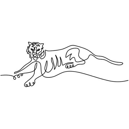 Continuous one line drawing of Tiger jumping isolated on white background.のイラスト素材