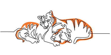 Continuous one line drawing of a Tiger couple hugging isolated on white background.のイラスト素材