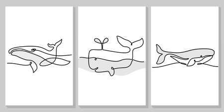 Continuous one line of three big whales poster for wallpaper isolated on white background.のイラスト素材