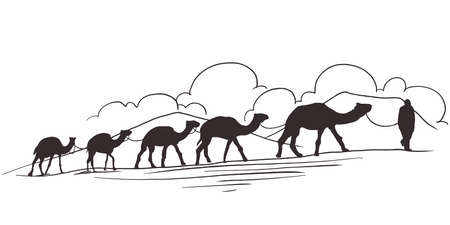 Hand drawn of Caravan with camels in desert. camel walking through the desert. Caravan going through the dunes.のイラスト素材