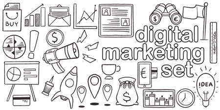 Set of hand drawn doodle business digital marketing for sales promotion isolated on white background.のイラスト素材