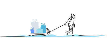 Continuous one single line of boy bringing sled on snow winter sport isolated on white background.のイラスト素材