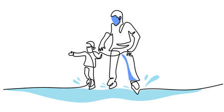 Continuous one single line of father and his son playing ice skating winter sport isolated on white background.のイラスト素材
