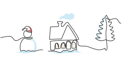 Continuous one single line of snowman, house and pine fir on winter christmas isolated on white background.のイラスト素材