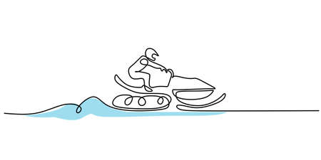Continuous one single line of man playing snowmobile winter sport isolated on white background.のイラスト素材