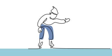 Continuous one single line of man or boy playing ice skating isolated on white background.のイラスト素材