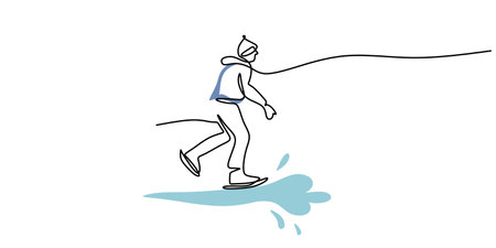 Continuous one single line of teenage boy playing ice skating winter sport isolated on white background.のイラスト素材
