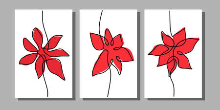 Continuous one single line of surreal winter flower posters isolated on white background.のイラスト素材