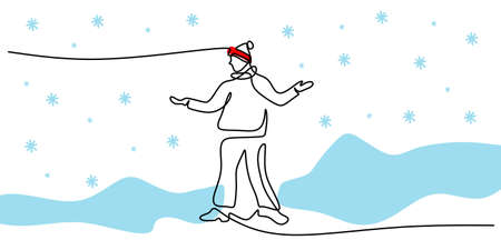 Continuous one single line of man standing on snow using santa hat isolated on white background.のイラスト素材