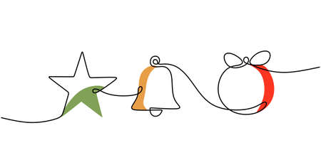 Continuous one single line of hanging star, bell and ball for christmas decoration isolated on white background.のイラスト素材