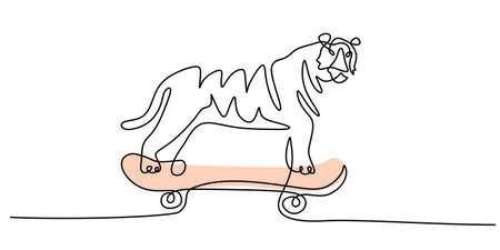 Continuous one single line of big tiger playing with snowboard isolated on white backgroundのイラスト素材