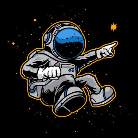 Hand drawn illustration of cute astronaut flying on outer space in grey, blue and golden color.のイラスト素材