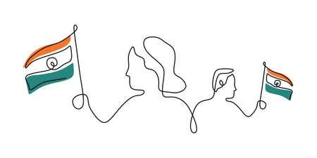 Continuous one single line of two children holding india flag for republic day isolated on white background.のイラスト素材