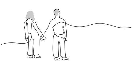 Continuous one single line of mature couple hand in hand isolated on white background.のイラスト素材
