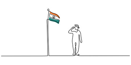 Continuous one single line of man salute to india flag for republic day isolated on white background.のイラスト素材
