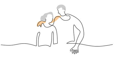 Continuous one single line of romantic mature couple isolated on white background.のイラスト素材