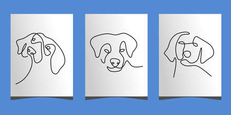 Continuous one single line of three cute dog head poster isolated on blue background.のイラスト素材