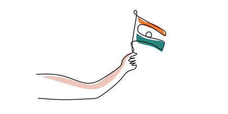 Continuous one single line of hand holding india flag isolated on white background.のイラスト素材