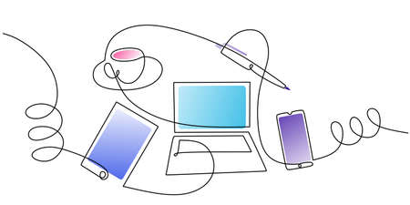 Continuous one single line of cup coffee, pen, tablet and laptop isolated on white background for...