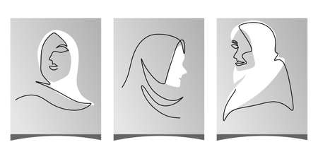 Continuous one single line of three hijab women posters isolated on white background.のイラスト素材