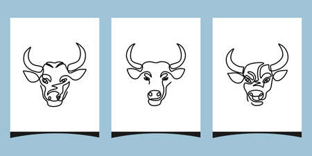 One continuous single line of three buffalo heads poster banner isolated on blue color.のイラスト素材