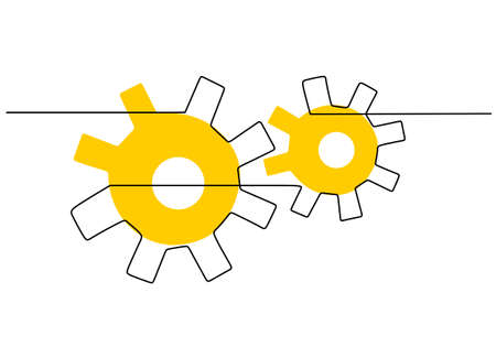 Continuous one single line of two yellow gears symbol of teamwork isolated on white background.のイラスト素材