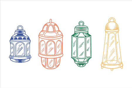 Set of hand drawn lanterns for islamic ornaments element for ramadan isolated on white background in colorful style.のイラスト素材