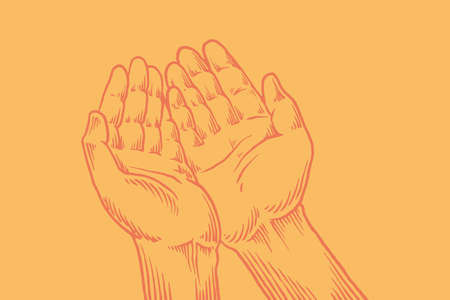 Hand drawn sketch of hand praying isolated on orange background for religion theme in colorful style.のイラスト素材