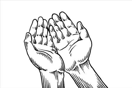 Hand drawn sketch of hand praying isolated on white background for religion theme in black white style.のイラスト素材