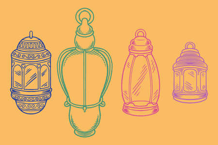 Hand drawn sketch of lanterns as islamic ornaments element in colorful style isolated on orange background.のイラスト素材