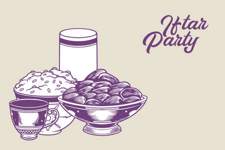 hand drawn of iftar party ramadan kareem elements as islamic ornaments with traditional Arabic dishes isolated on light purple background.のイラスト素材
