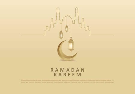 Ramadan kareem background banner poster with one line mosque, moon and lantern on beige color.のイラスト素材