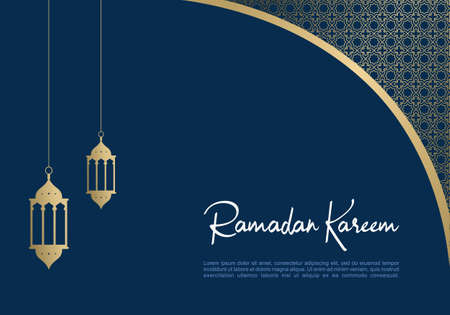 Ramadan kareem greeting card background with lanterns and islamic ornaments in blue style.のイラスト素材