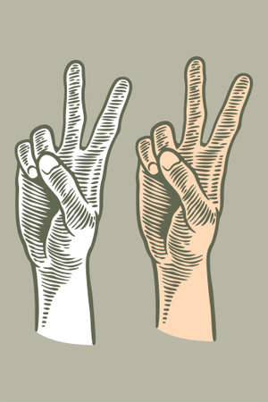 hand drawing engraving hand peace gesture isolated on grey backgroundのイラスト素材